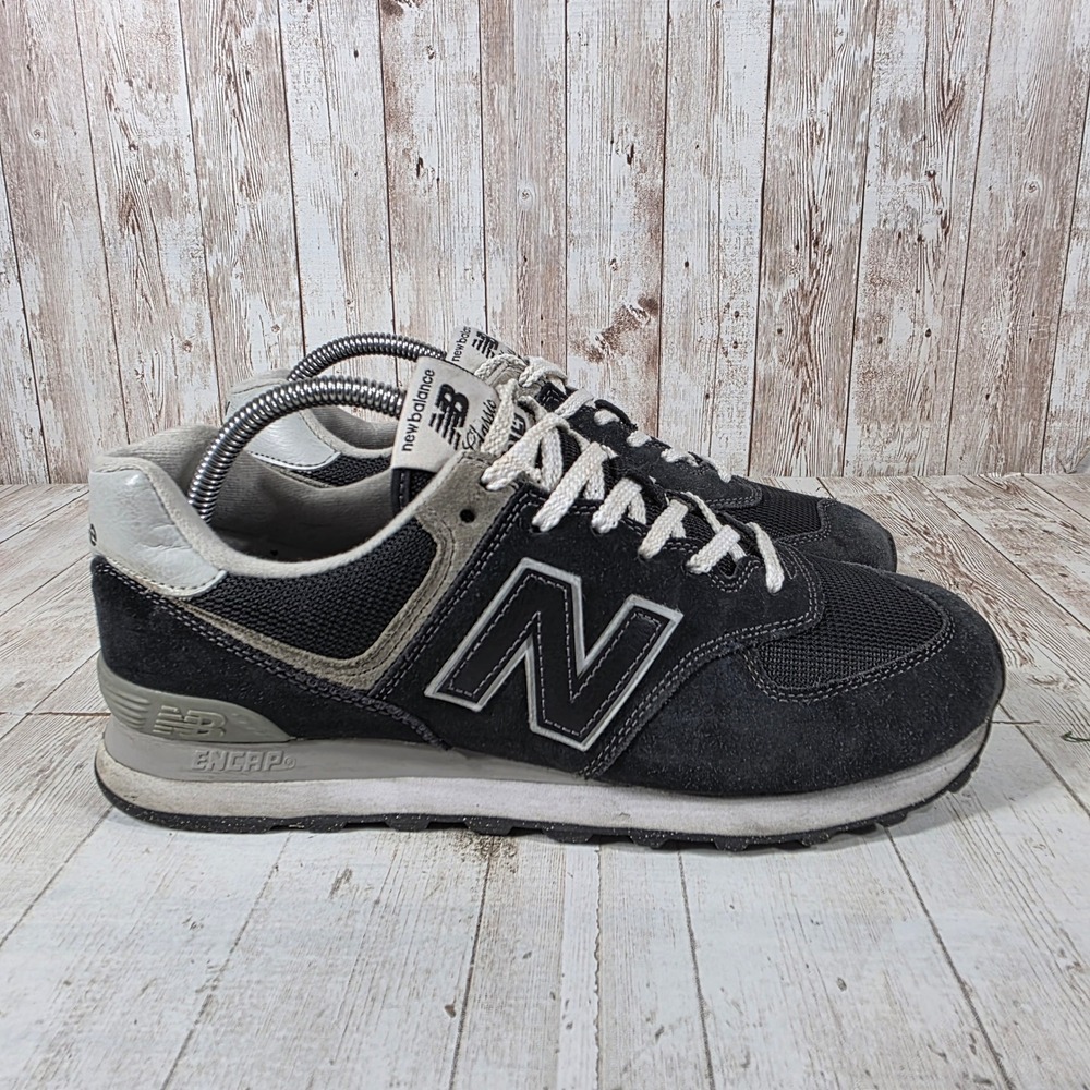 New Balance 574 Black Grey Suede Mesh Sneakers ML574EVB Womens 10 Wide 2E